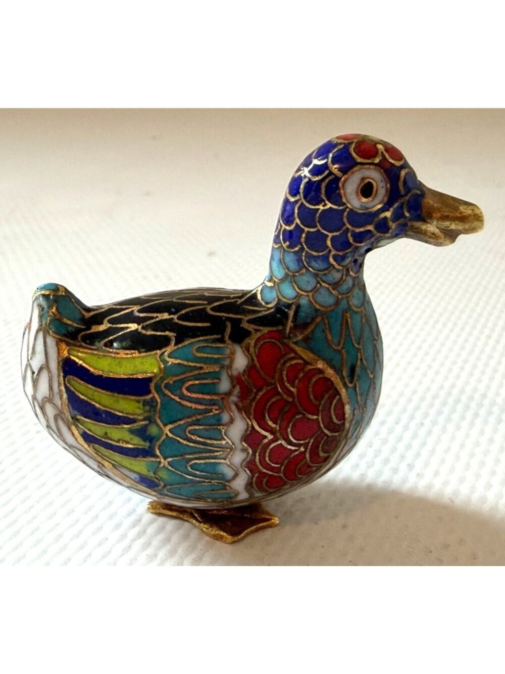 Vintage Chinese Cloisonne Enamel Duck Figurine Miniature Bird 1970s Brass